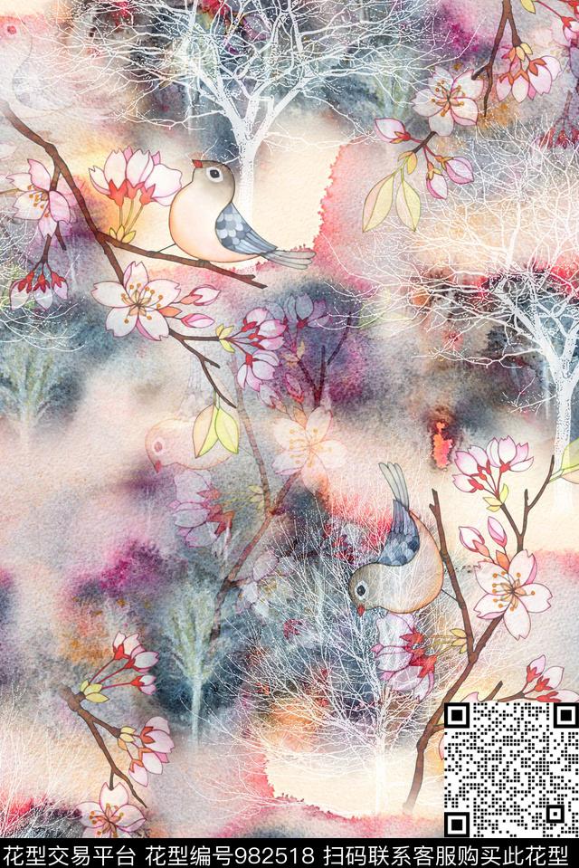 树枝花鸟肌理数码印花华亿平台下载（图片编号: 982518） - 瓦栏（Walan）