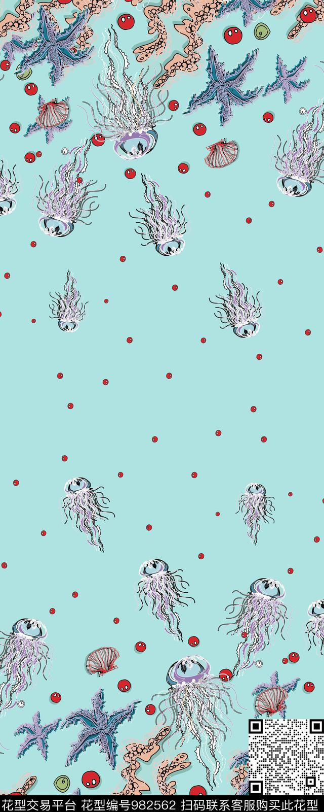珊瑚水母双边定位花数码印花华亿平台下载（图片编号: 982562） - 瓦栏（Walan）