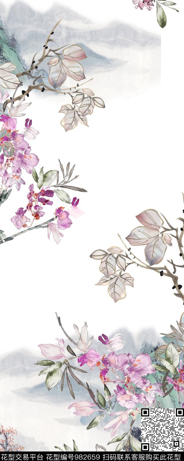 手绘花卉水墨风中国风定位花数码印花华亿平台下载（图片编号: 982659） - 瓦栏（Walan）
