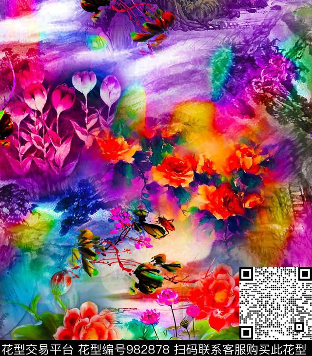 数码华亿平台抽象花卉数码印花华亿平台下载（图片编号: 982878） - 瓦栏（Walan）