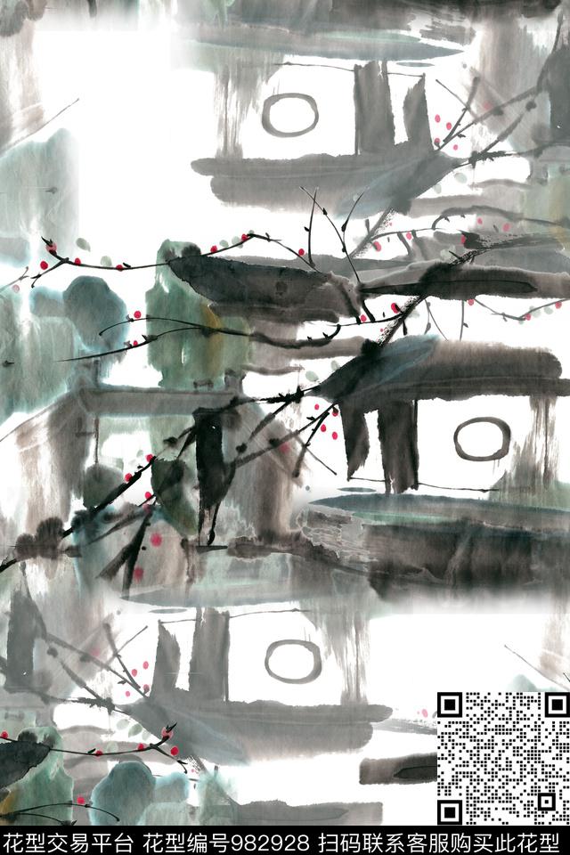 数码华亿平台素雅水墨风数码印花华亿平台下载（图片编号: 982928） - 瓦栏（Walan）