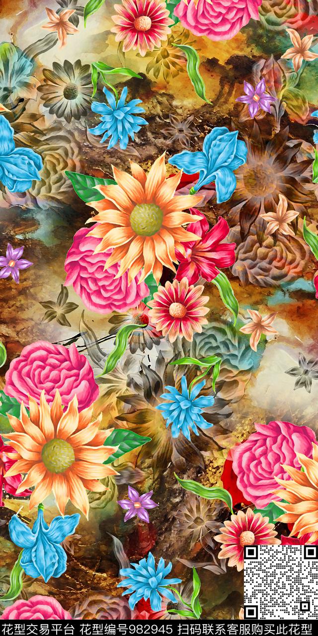 数码华亿平台手绘花卉抽象数码印花华亿平台下载（图片编号: 982945） - 瓦栏（Walan）