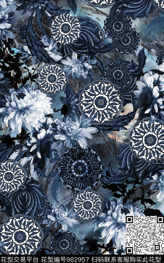 民族风抽象花卉数码印花华亿平台下载（图片编号: 982957） - 瓦栏（Walan）
