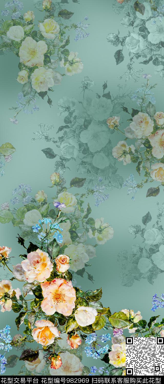 数码华亿平台手绘花卉女装数码印花华亿平台下载（图片编号: 982969） - 瓦栏（Walan）