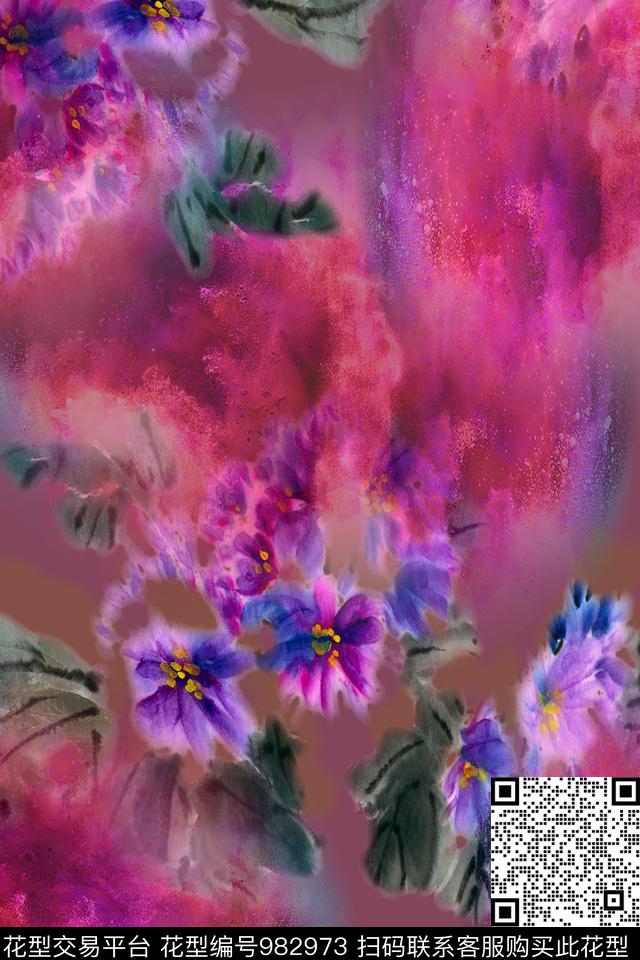 数码华亿平台手绘花卉水墨风数码印花华亿平台下载（图片编号: 982973） - 瓦栏（Walan）