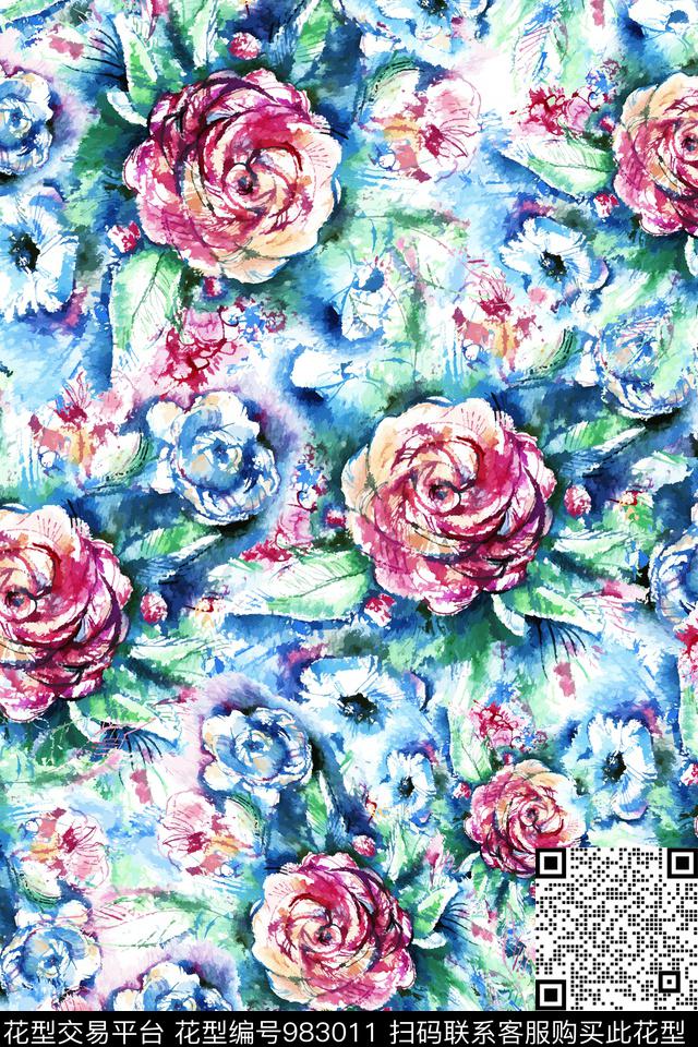 手绘花卉玫瑰花水彩花卉数码印花华亿平台下载（图片编号: 983011） - 瓦栏（Walan）