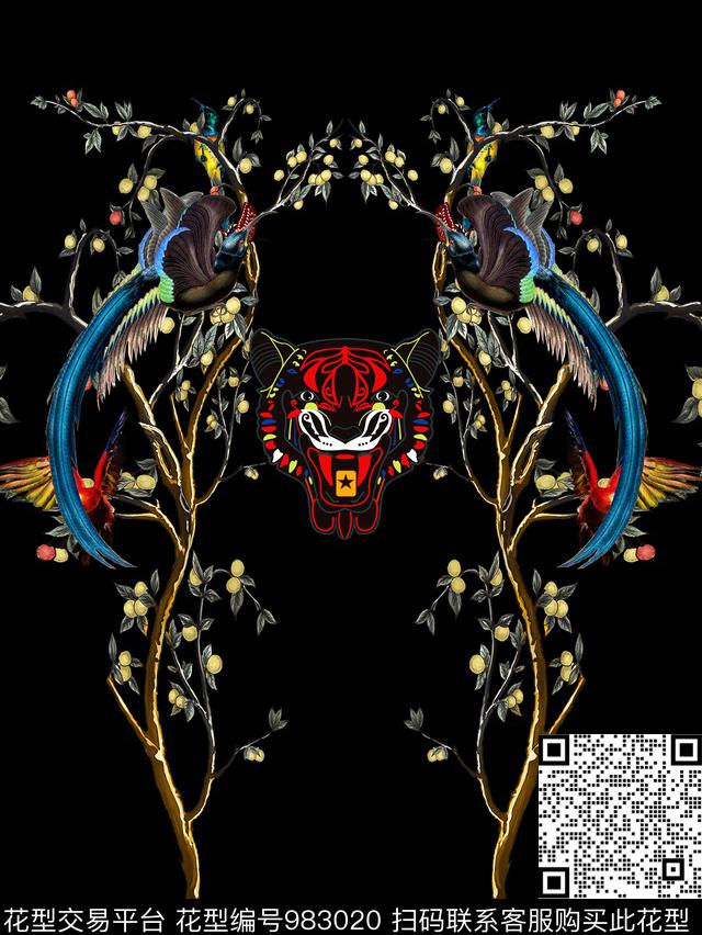 鸟树枝绿植树叶数码印花华亿平台下载（图片编号: 983020） - 瓦栏（Walan）