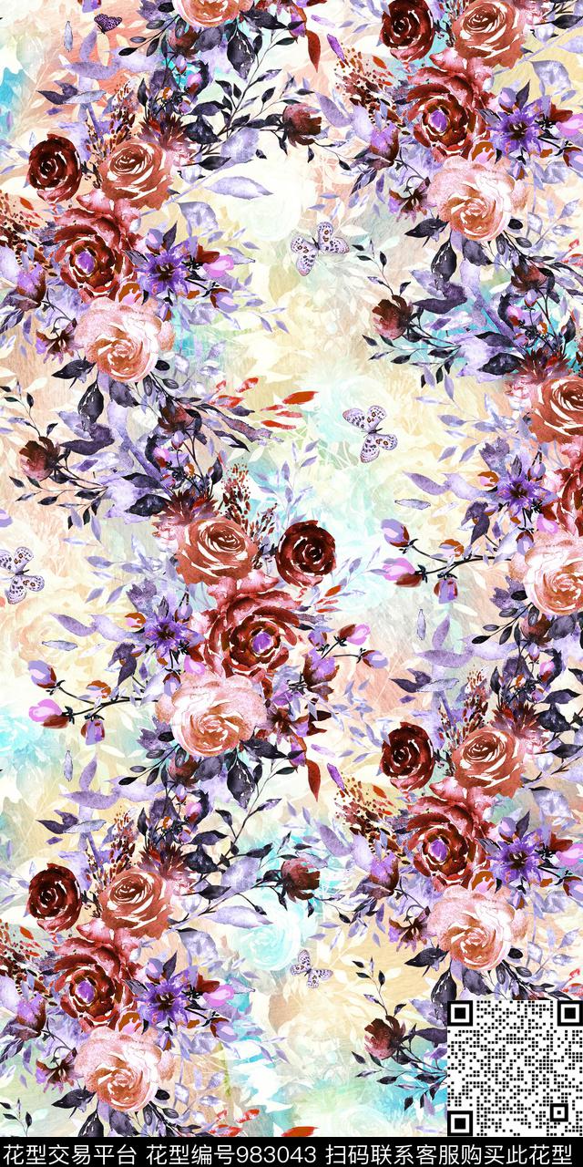 数码华亿平台水彩花卉手绘花卉数码印花华亿平台下载（图片编号: 983043） - 瓦栏（Walan）