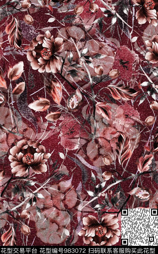 民族风抽象花卉数码印花华亿平台下载（图片编号: 983072） - 瓦栏（Walan）