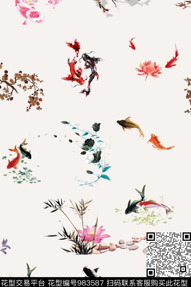 树枝荷花水墨风数码印花华亿平台下载（图片编号: 983587） - 瓦栏（Walan）