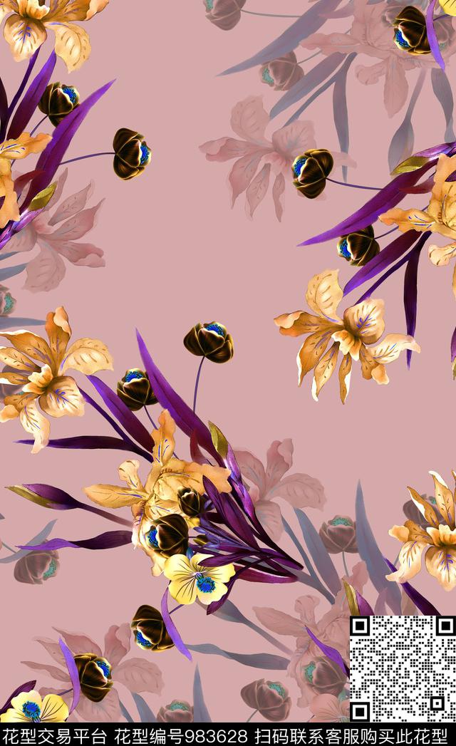 花卉定位花旗袍数码印花华亿平台下载（图片编号: 983628） - 瓦栏（Walan）