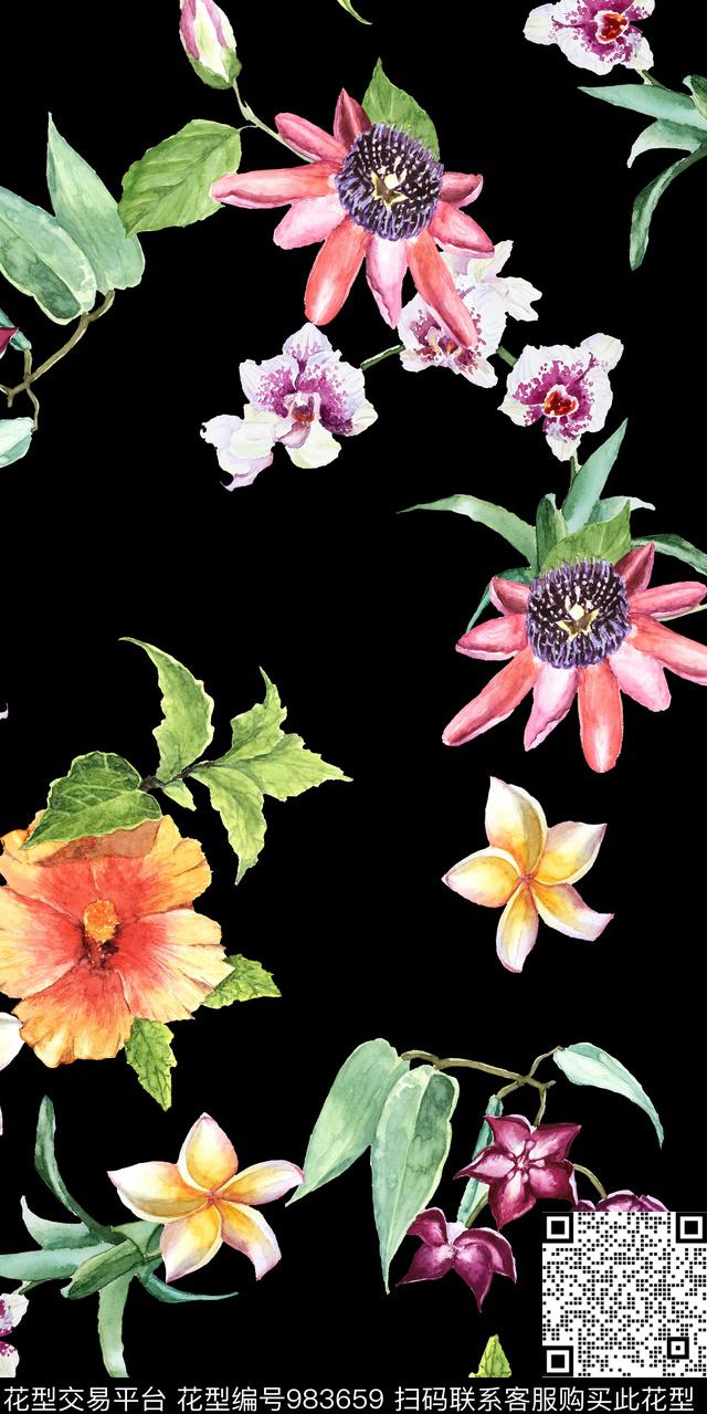 衬衫黑底花卉数码华亿平台数码印花华亿平台下载（图片编号: 983659） - 瓦栏（Walan）