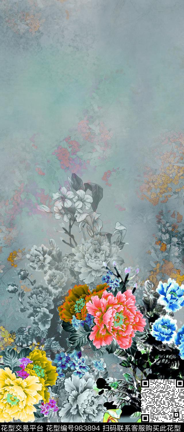 水彩花卉手绘花卉女装数码印花华亿平台下载（图片编号: 983894） - 瓦栏（Walan）