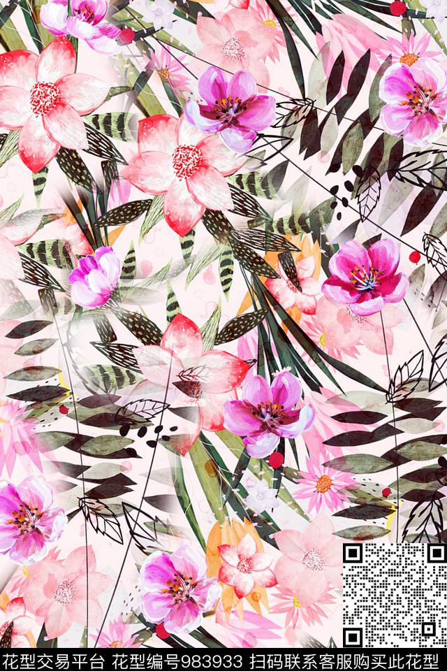 抽象花卉水仙花满版散花数码印花华亿平台下载（图片编号: 983933） - 瓦栏（Walan）