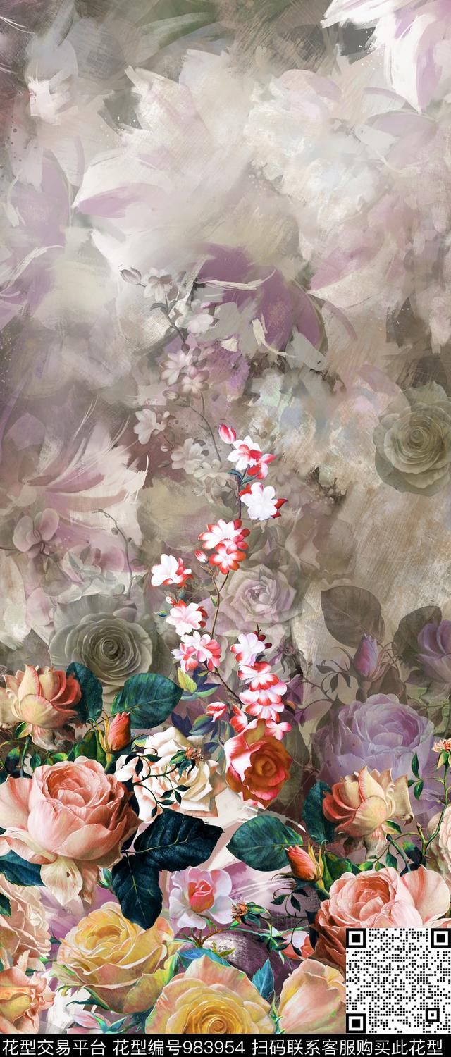 数码华亿平台水彩花卉手绘花卉数码印花华亿平台下载（图片编号: 983954） - 瓦栏（Walan）