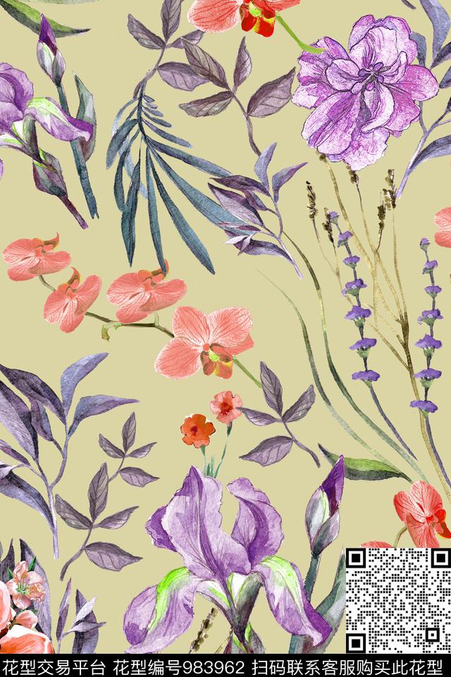 小碎花手绘花卉花卉数码印花华亿平台下载（图片编号: 983962） - 瓦栏（Walan）
