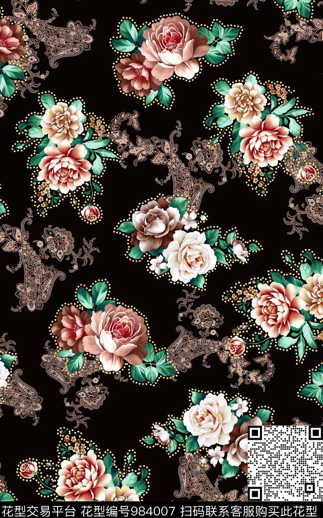 花卉雕印华亿平台中老年传统印花华亿平台下载（图片编号: 984007） - 瓦栏（Walan）