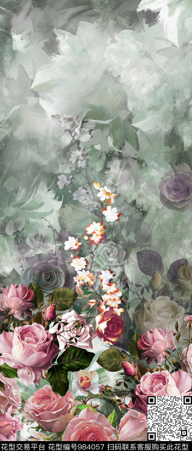 数码华亿平台水彩花卉手绘花卉数码印花华亿平台下载（图片编号: 984057） - 瓦栏（Walan）