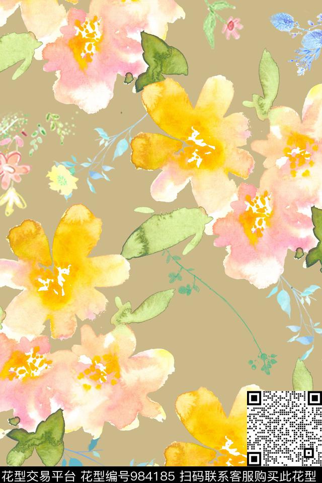 水彩花卉水墨风纹理数码印花华亿平台下载（图片编号: 984185） - 瓦栏（Walan）