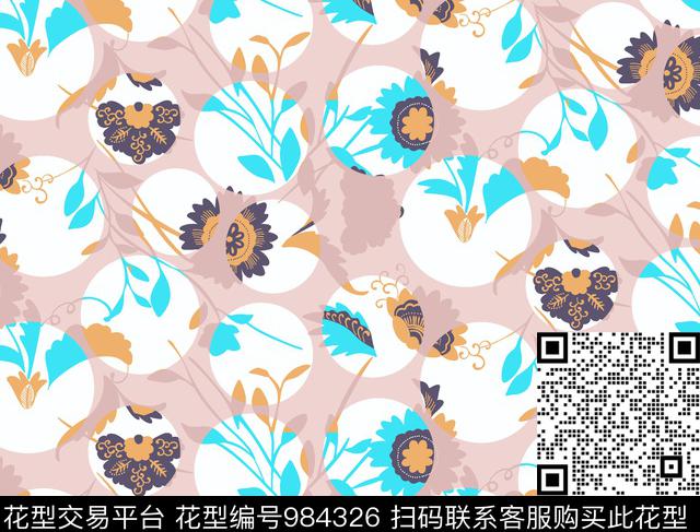 几何清爽底花卉线条画传统印花华亿平台下载（图片编号: 984326） - 瓦栏（Walan）