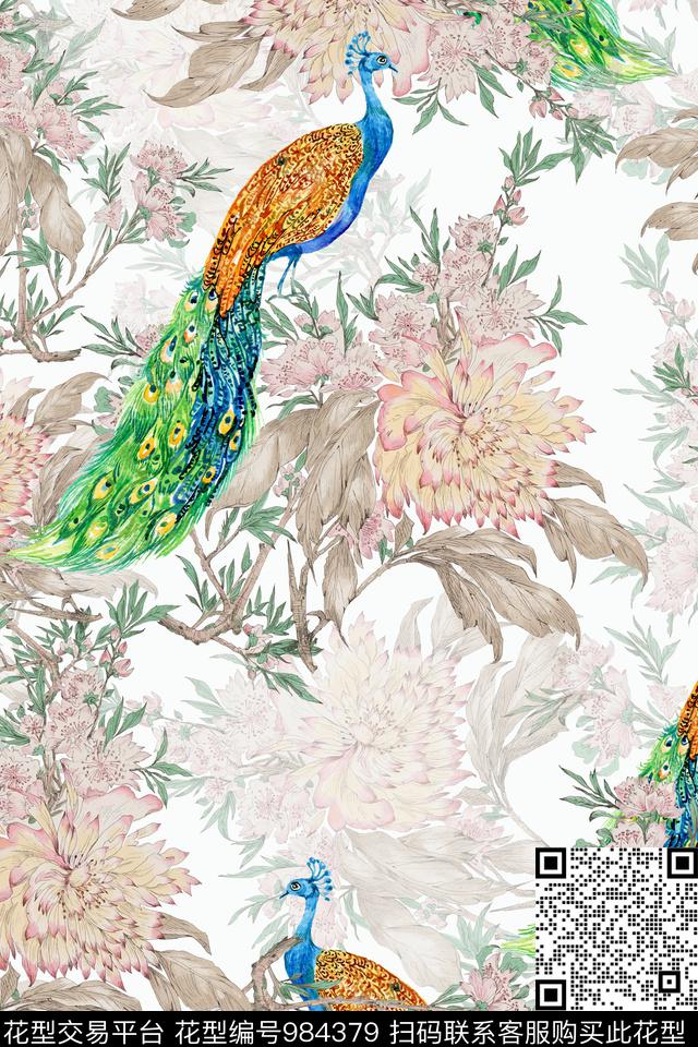 水彩花卉手绘花卉孔雀数码印花华亿平台下载（图片编号: 984379） - 瓦栏（Walan）