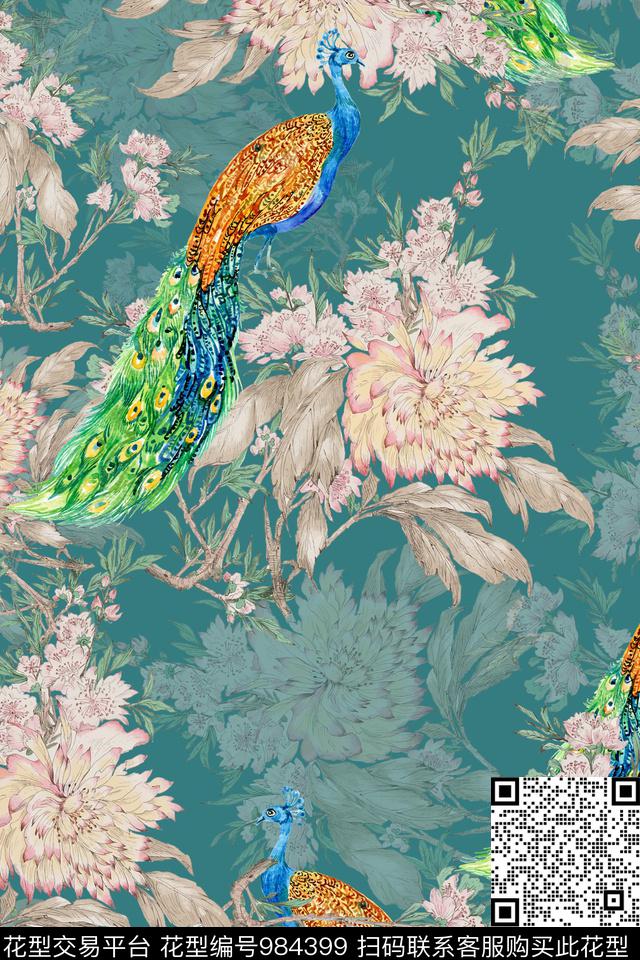 水彩花卉手绘花卉孔雀数码印花华亿平台下载（图片编号: 984399） - 瓦栏（Walan）