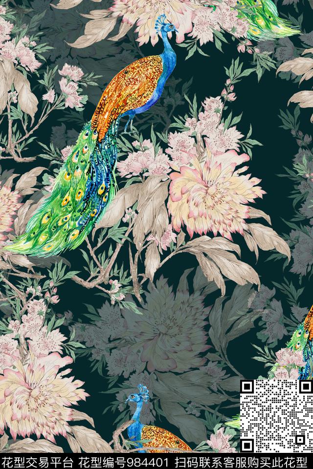 水彩花卉手绘花卉孔雀数码印花华亿平台下载（图片编号: 984401） - 瓦栏（Walan）