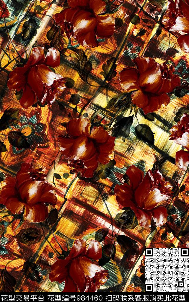 民族风抽象花卉数码印花华亿平台下载（图片编号: 984460） - 瓦栏（Walan）