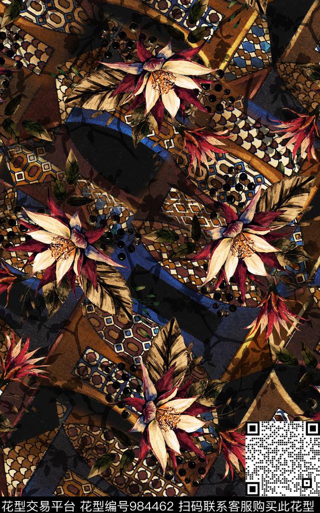 民族风抽象花卉数码印花华亿平台下载（图片编号: 984462） - 瓦栏（Walan）