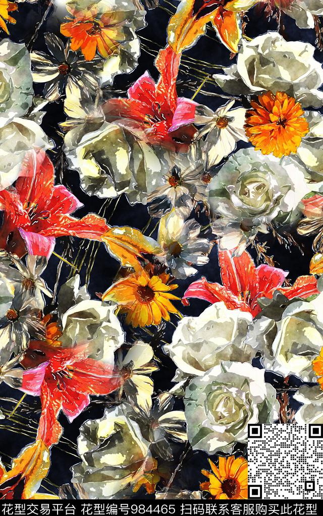 抽象花卉几何数码印花华亿平台下载（图片编号: 984465） - 瓦栏（Walan）