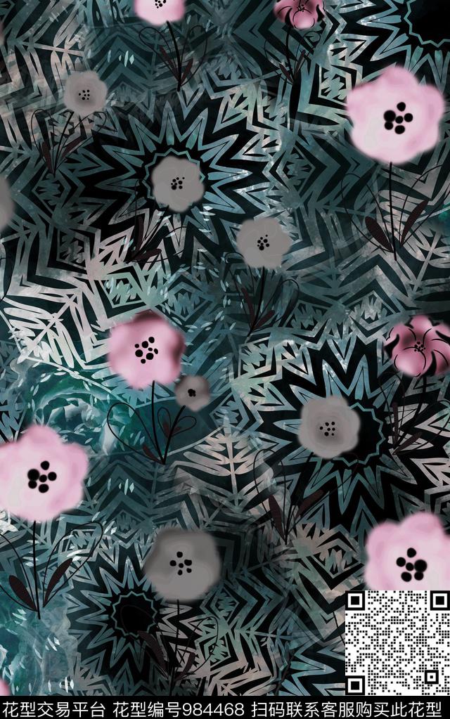 民族风抽象花卉数码印花华亿平台下载（图片编号: 984468） - 瓦栏（Walan）