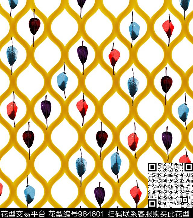 条纹创意绿植树叶数码印花华亿平台下载（图片编号: 984601） - 瓦栏（Walan）