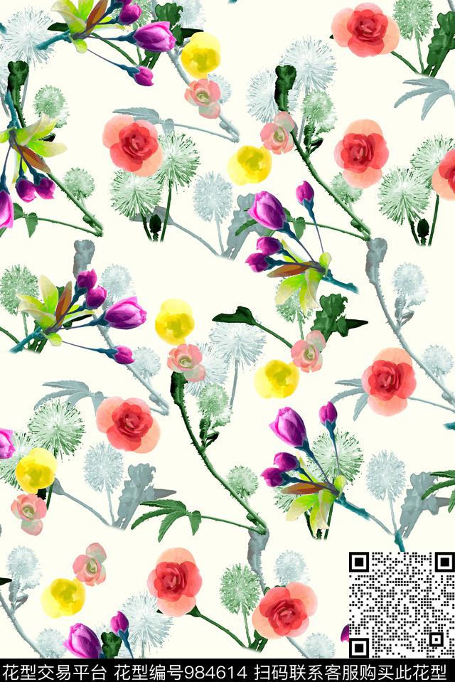 手绘花卉花卉女装数码印花华亿平台下载（图片编号: 984614） - 瓦栏（Walan）