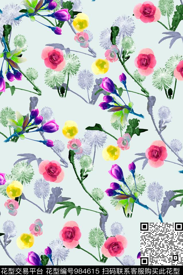 手绘花卉花卉女装数码印花华亿平台下载（图片编号: 984615） - 瓦栏（Walan）