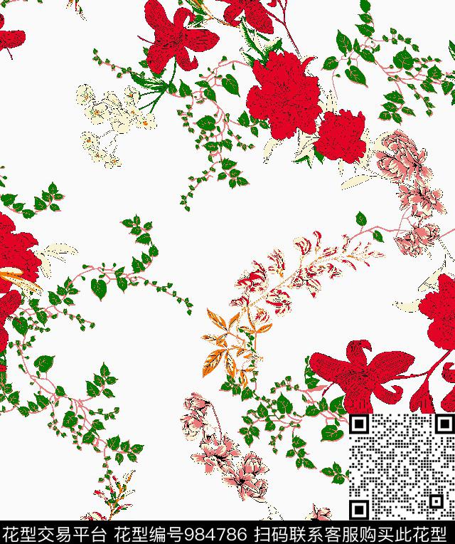 抽象花卉年轻女性传统印花华亿平台下载（图片编号: 984786） - 瓦栏（Walan）