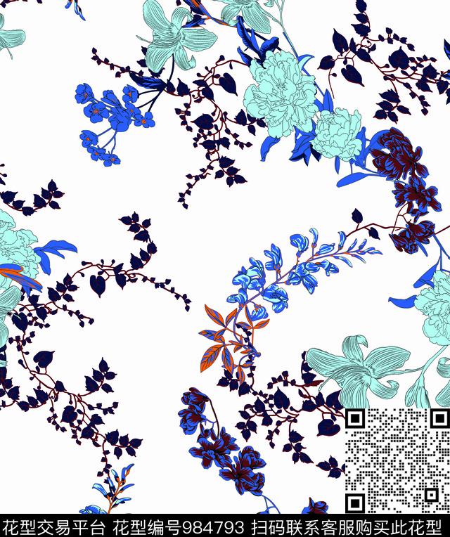 抽象花卉年轻女性传统印花华亿平台下载（图片编号: 984793） - 瓦栏（Walan）