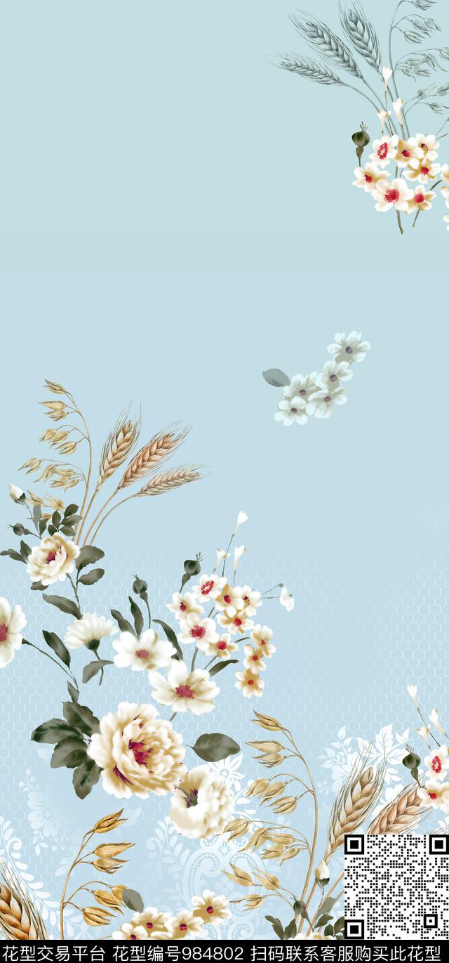 手绘花卉麦穗小清新定位数码印花华亿平台下载（图片编号: 984802） - 瓦栏（Walan）