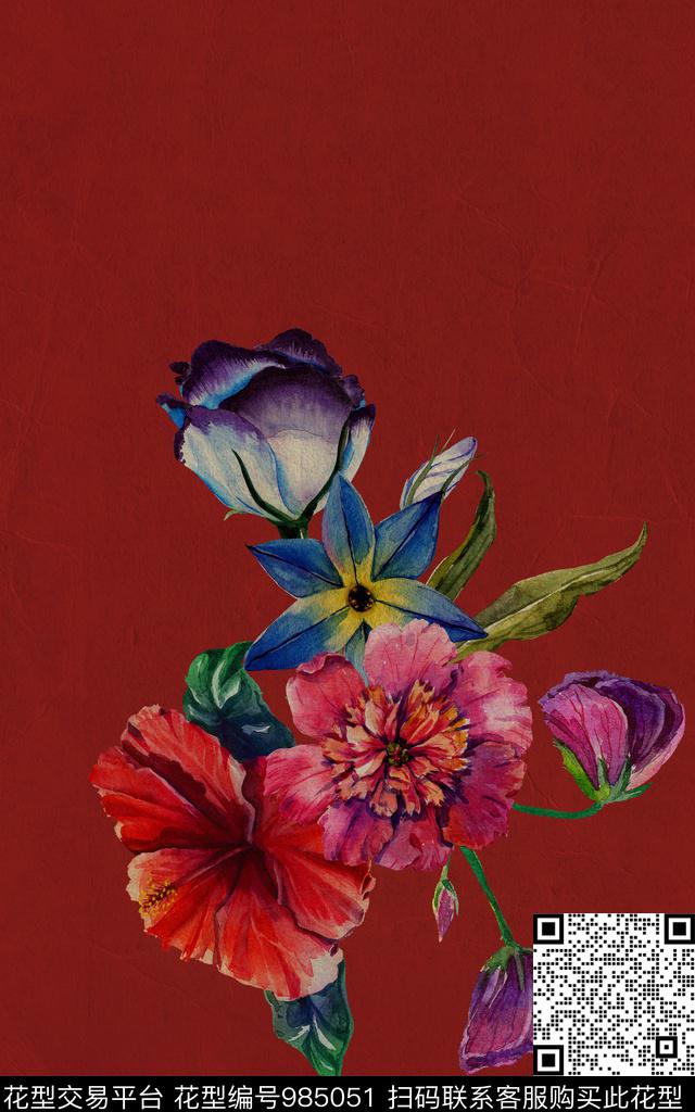 大花花卉定位花数码印花华亿平台下载（图片编号: 985051） - 瓦栏（Walan）