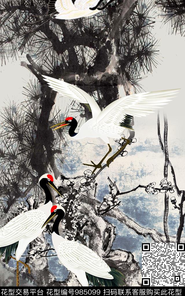 仙鹤水墨风定位花数码印花华亿平台下载（图片编号: 985099） - 瓦栏（Walan）