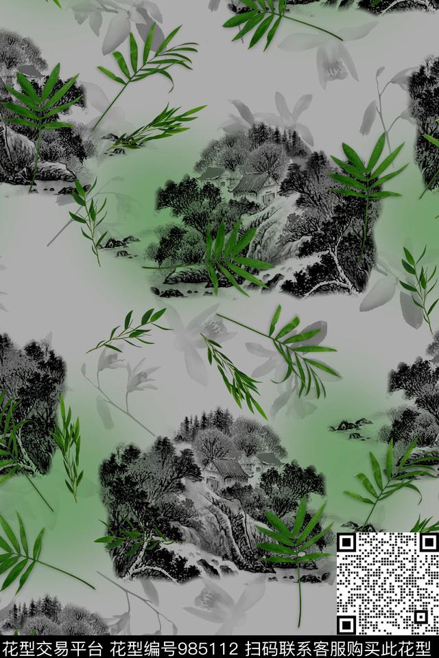 中国风竹子风景景观数码印花华亿平台下载（图片编号: 985112） - 瓦栏（Walan）