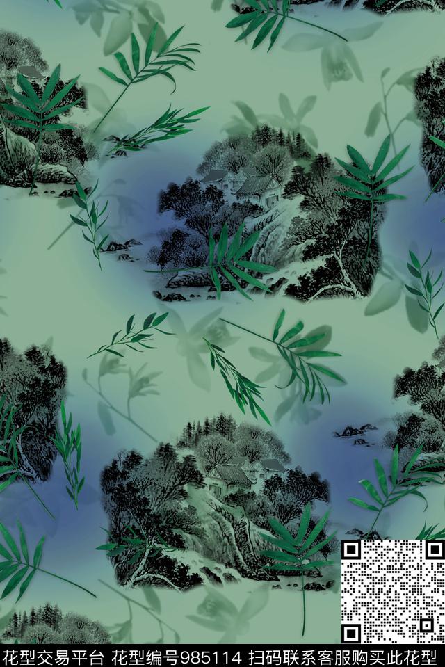 中国风竹子风景景观数码印花华亿平台下载（图片编号: 985114） - 瓦栏（Walan）