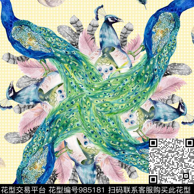 羽毛孔雀手绘花卉数码印花华亿平台下载（图片编号: 985181） - 瓦栏（Walan）