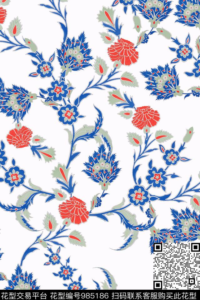 传统华亿平台手绘花卉水彩花卉数码印花华亿平台下载（图片编号: 985186） - 瓦栏（Walan）