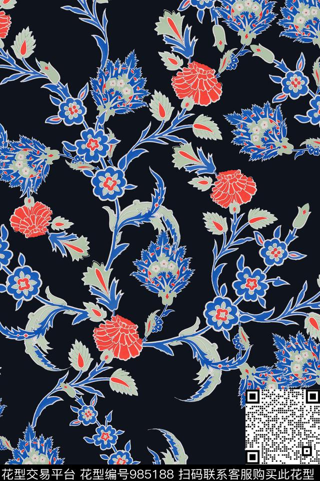 传统华亿平台手绘花卉水彩花卉数码印花华亿平台下载（图片编号: 985188） - 瓦栏（Walan）