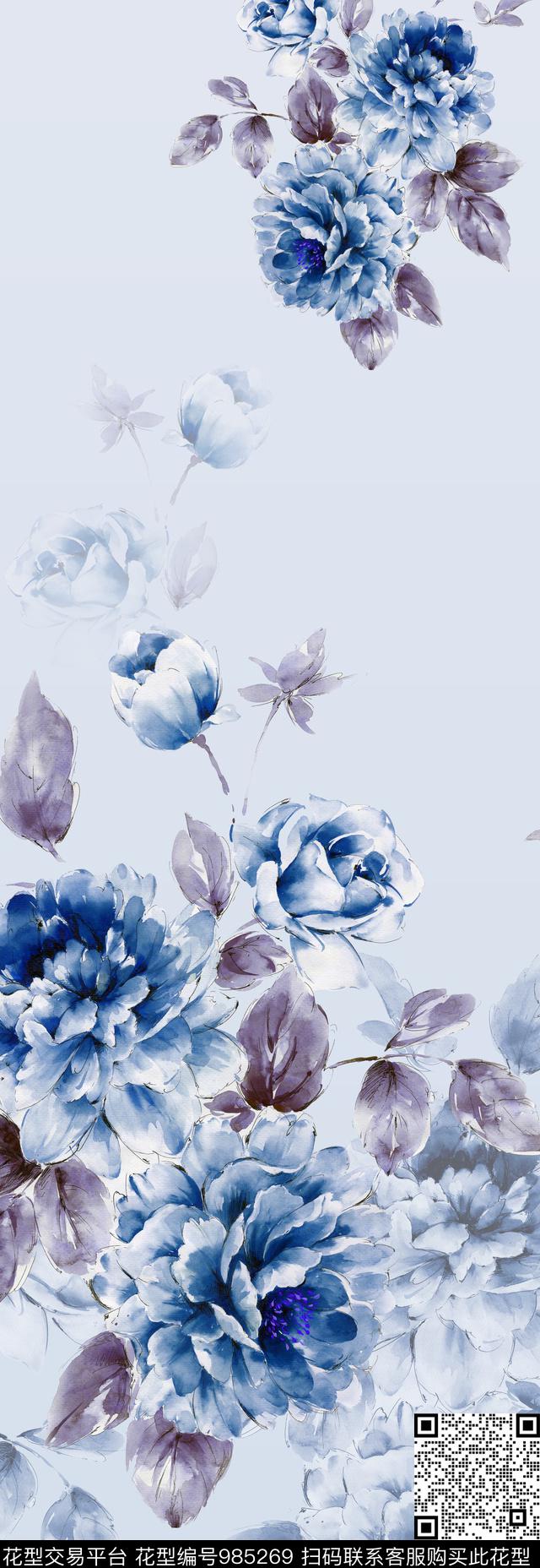 手绘花卉青花瓷中国风定位花数码印花华亿平台下载（图片编号: 985269） - 瓦栏（Walan）