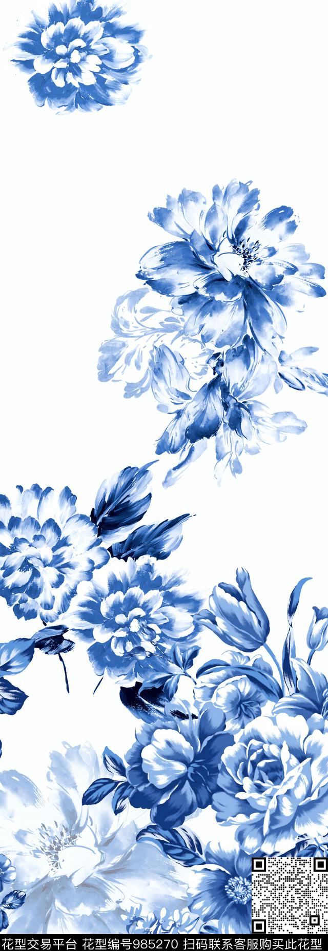手绘花卉中国风定位花青花瓷数码印花华亿平台下载（图片编号: 985270） - 瓦栏（Walan）