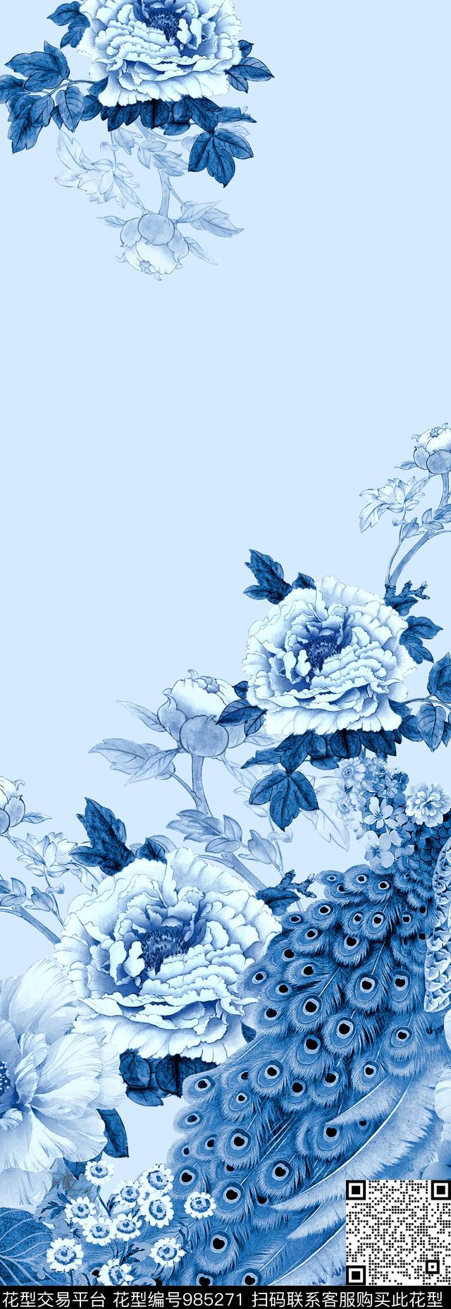 牡丹中国风定位花孔雀数码印花华亿平台下载（图片编号: 985271） - 瓦栏（Walan）