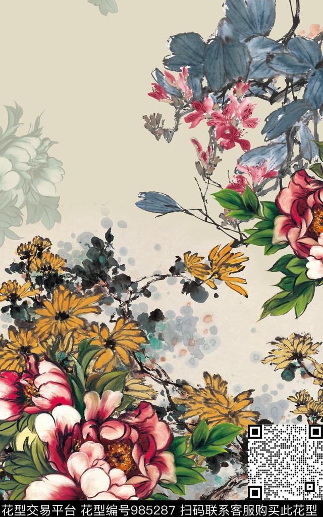 牡丹水墨风定位花数码印花华亿平台下载（图片编号: 985287） - 瓦栏（Walan）