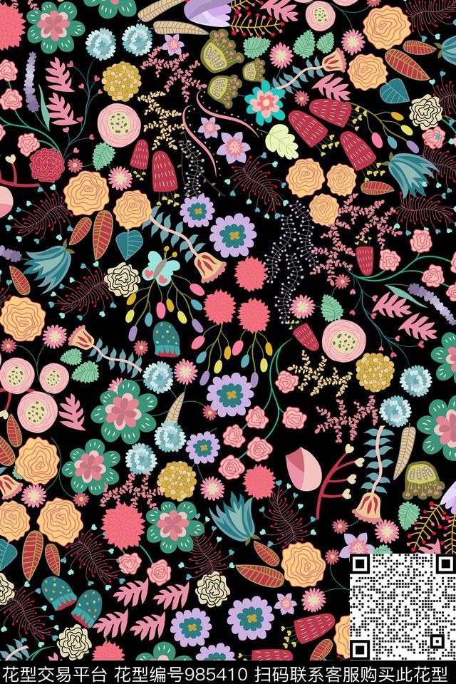 趣味小碎花抽象花卉数码印花华亿平台下载（图片编号: 985410） - 瓦栏（Walan）