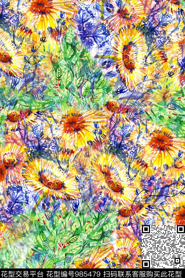向日葵水彩花卉手绘花卉数码印花华亿平台下载（图片编号: 985479） - 瓦栏（Walan）